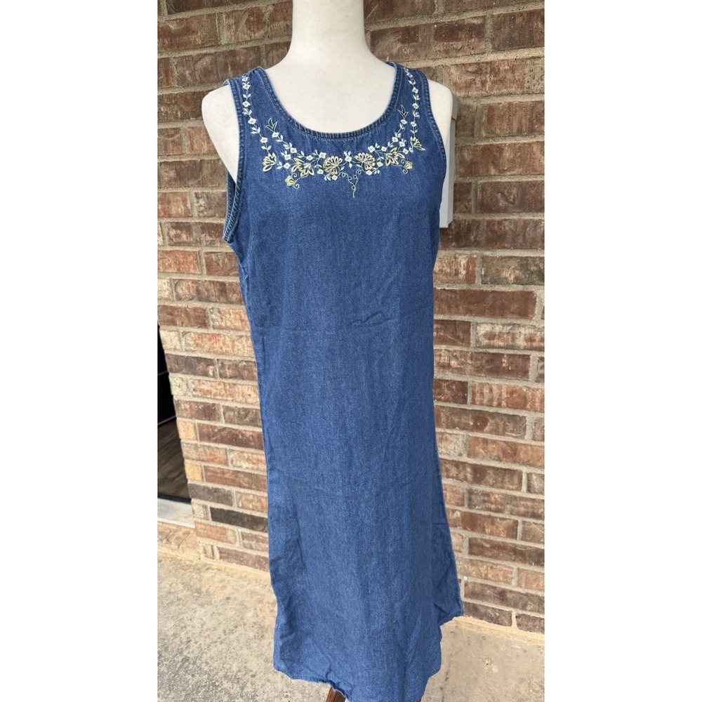 VTG Denim Dress Jumper Maxi Floral Embroidered Grunge Cottagecore Feminine Small